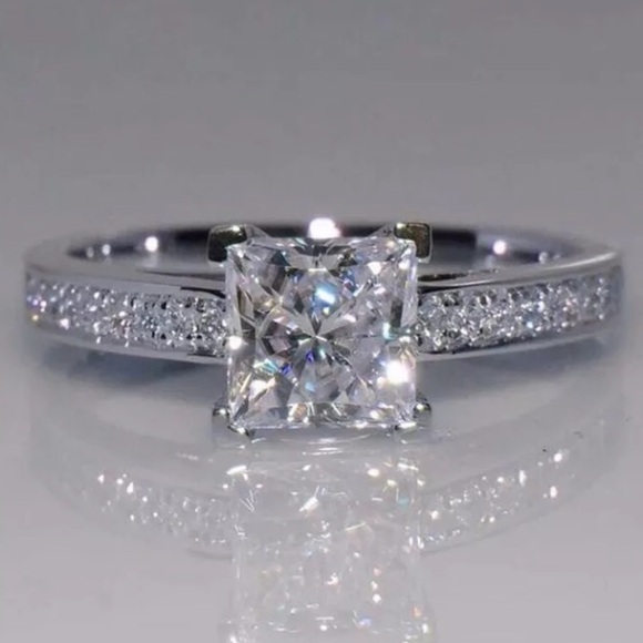 14K White Princess Square Diamond Engagement Ring - Picture 2 of 7